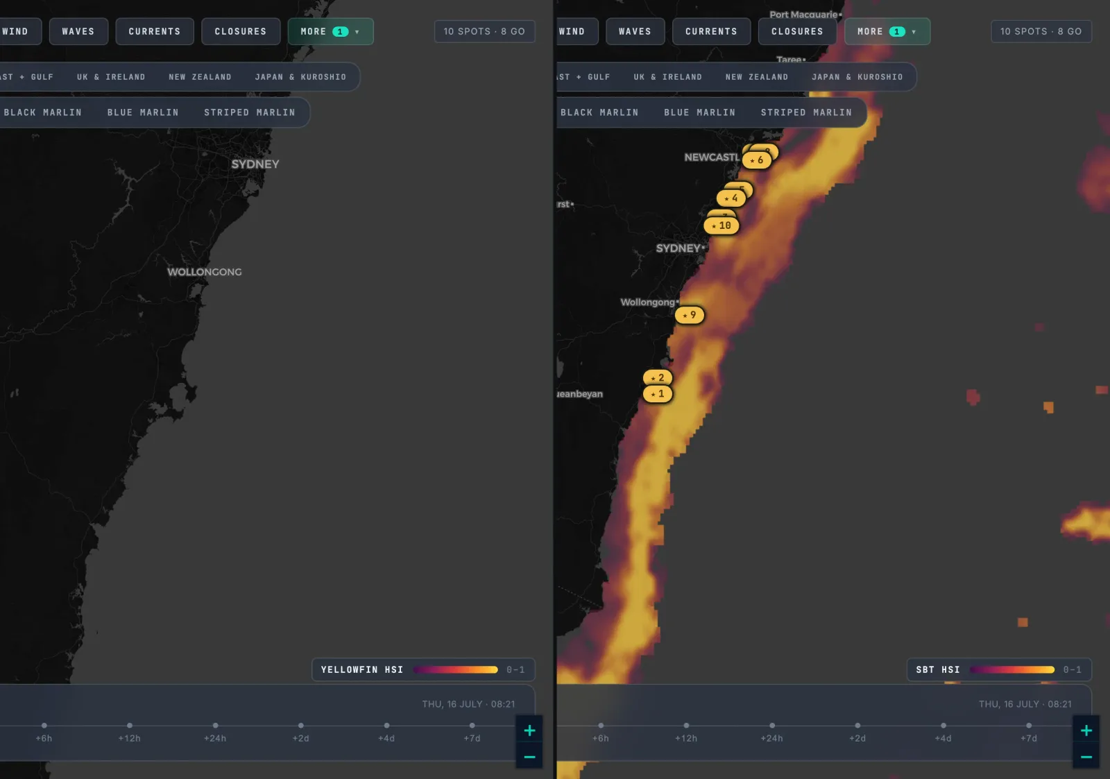 Side-by-side Fishare habitat maps of the same NSW coast on the same morning: a near-blank yellowfin layer and a bright southern-bluefin shelf-break ribbon.