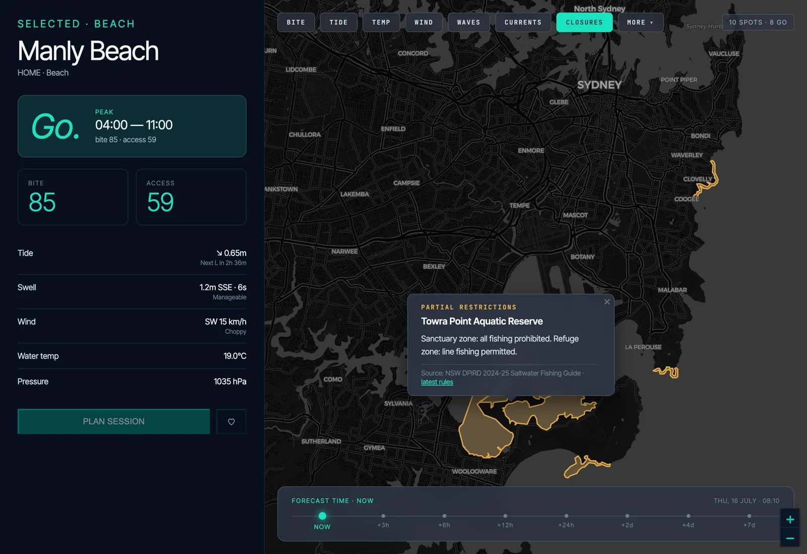 Fishare map of Sydney with the closures layer active and an aquatic-reserve rule popup open.