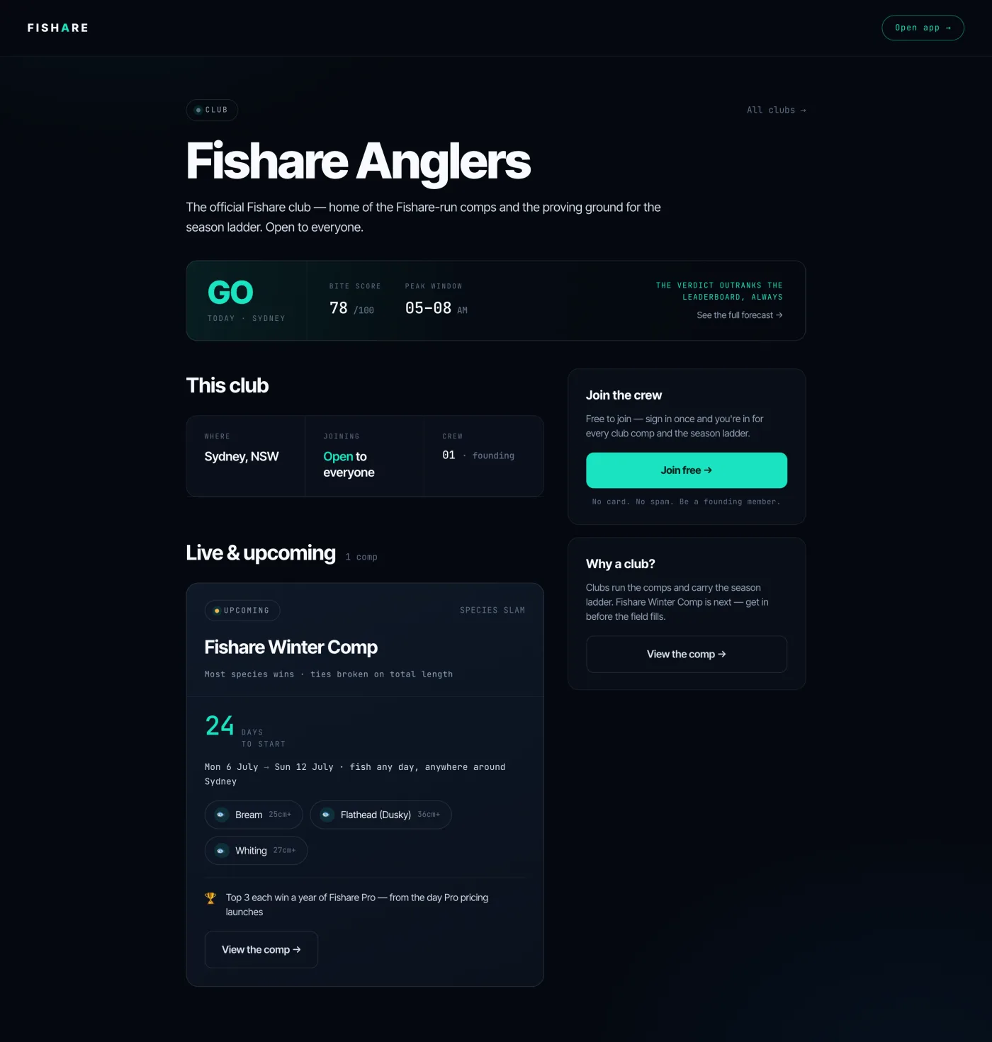 A Fishare club page showing the live bite verdict, the crew count and the club's upcoming competition.