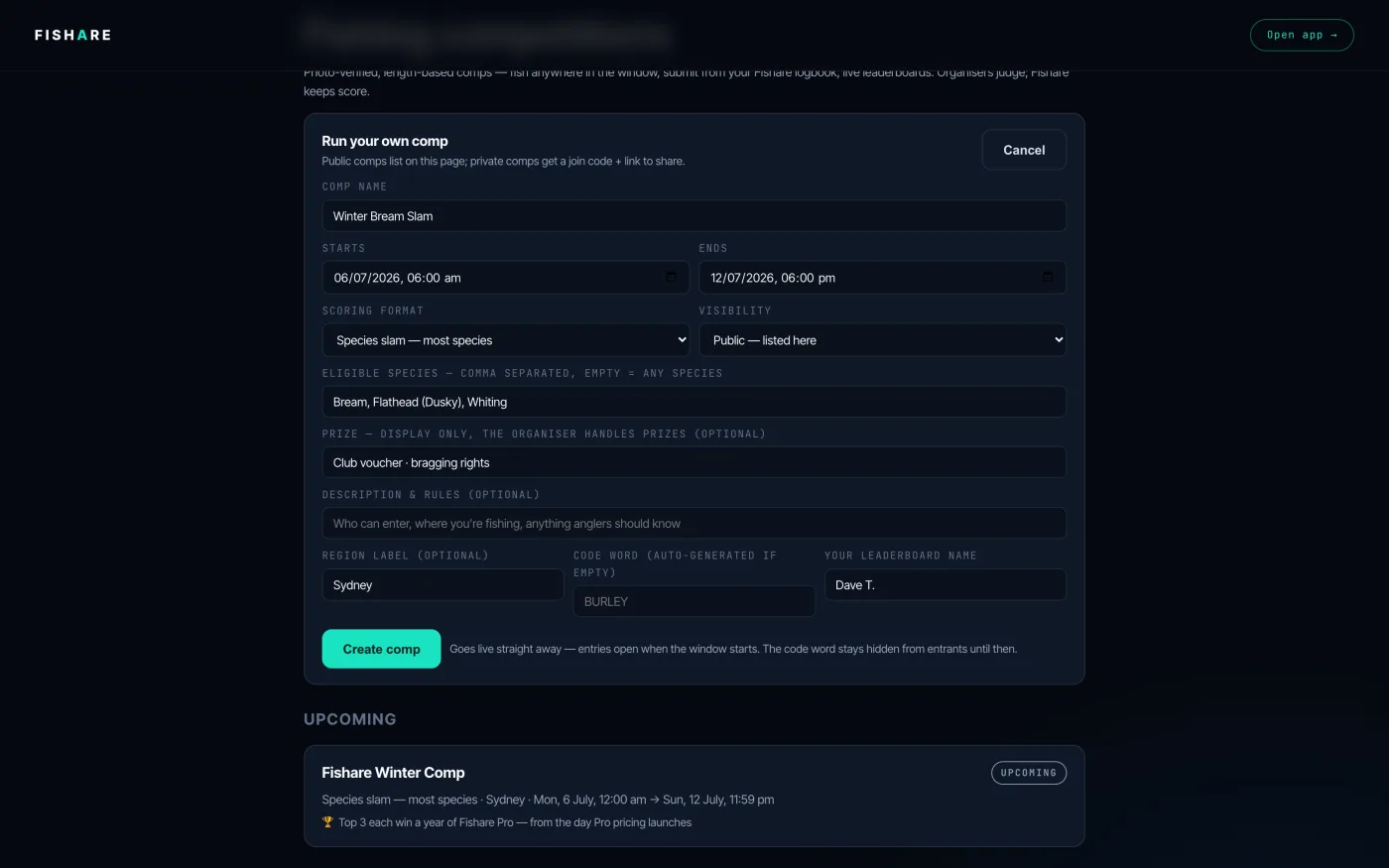 Fishare create-competition form showing name, time window, scoring format, eligible species and the code-word field.