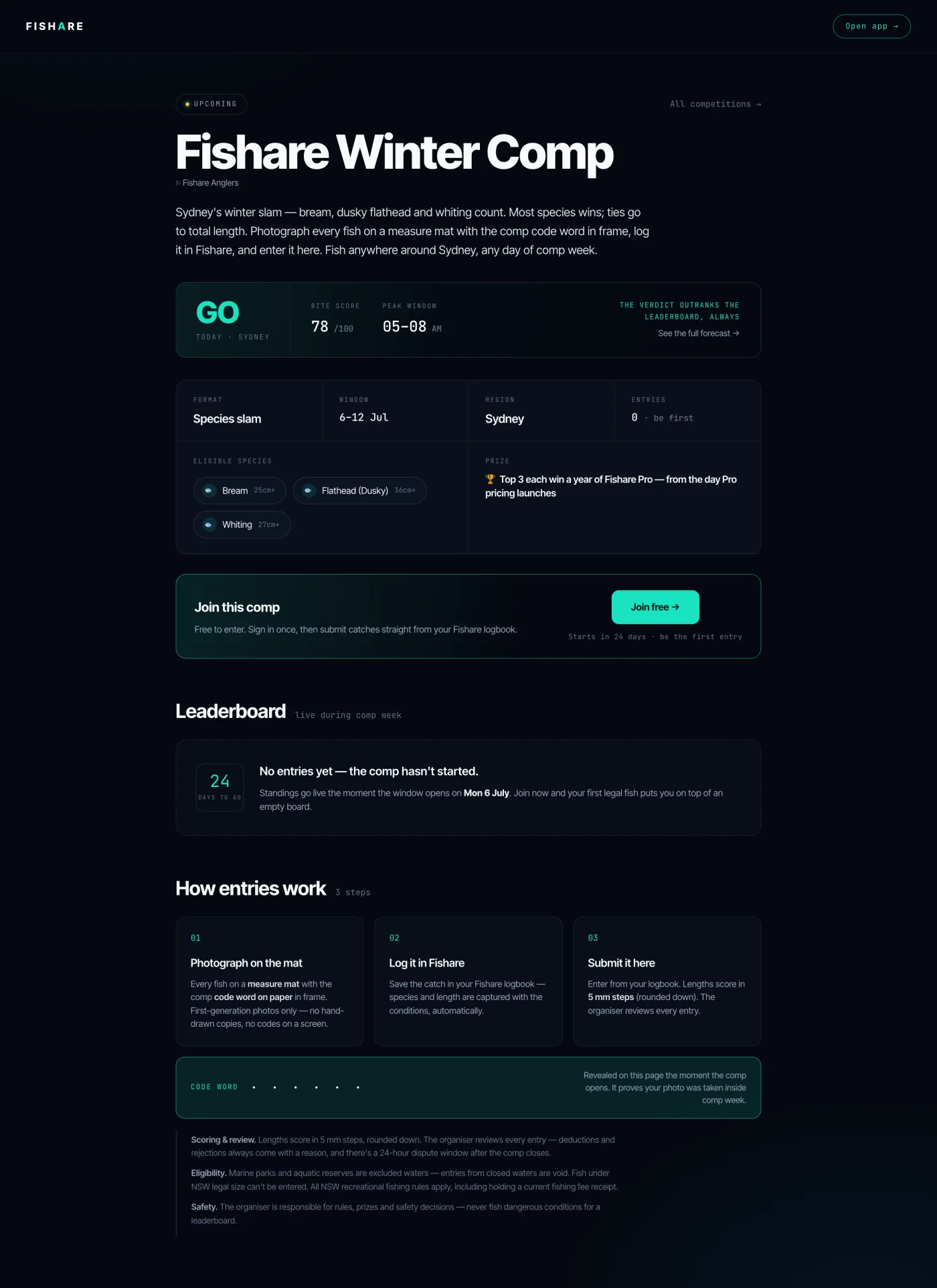 A live Fishare competition page with the leaderboard and entry statuses.