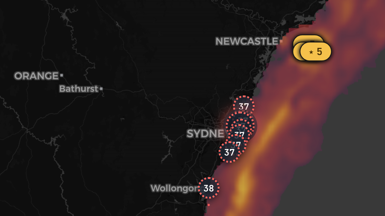 Live southern bluefin habitat heatmap on the NSW shelf — real Fishare screenshot with numbered top-spot pins