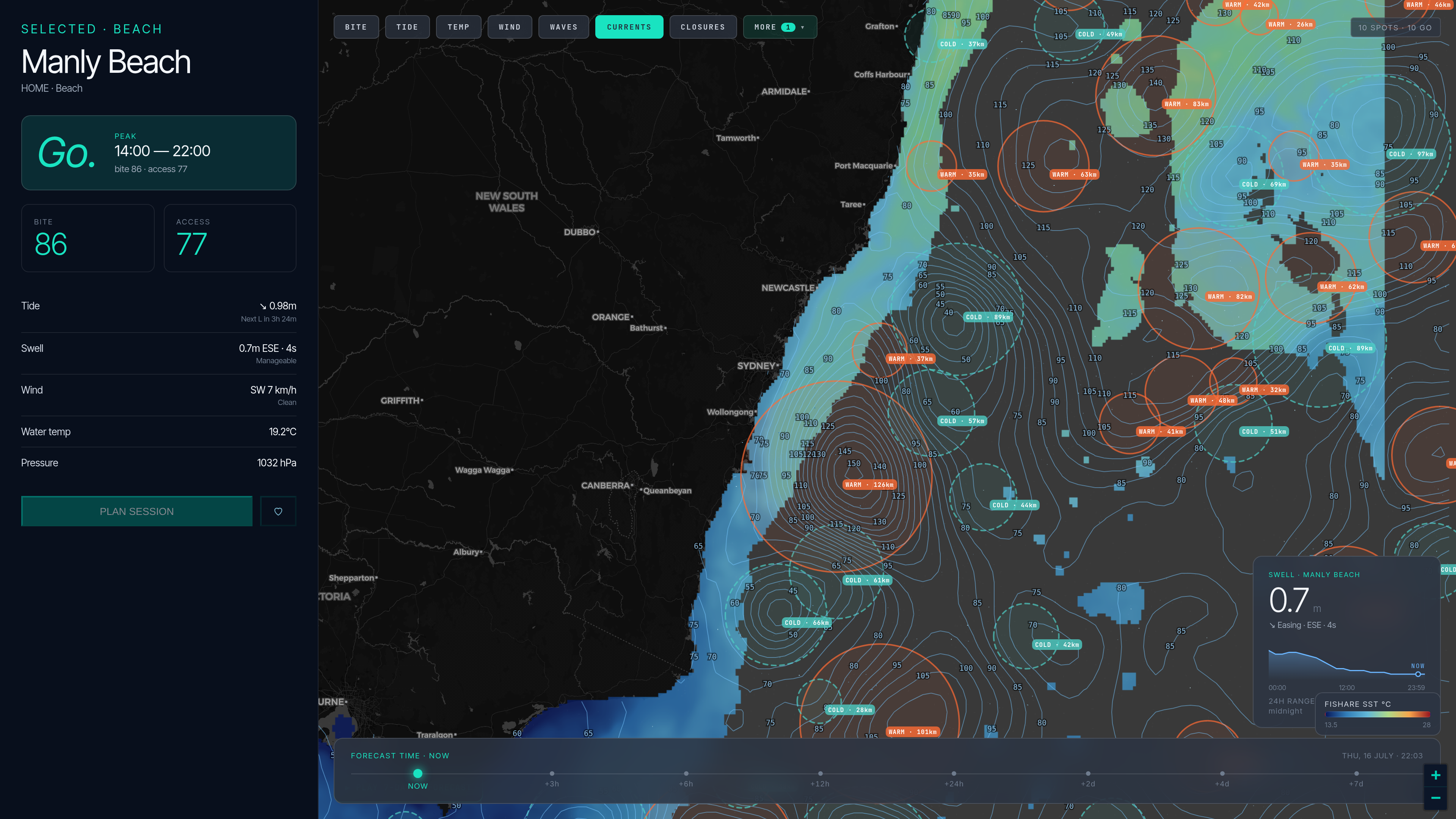 Fishare SST layer off Sydney: isotherms, warm- and cold-core eddy badges, SSH contours and the 7-day playback scrubber